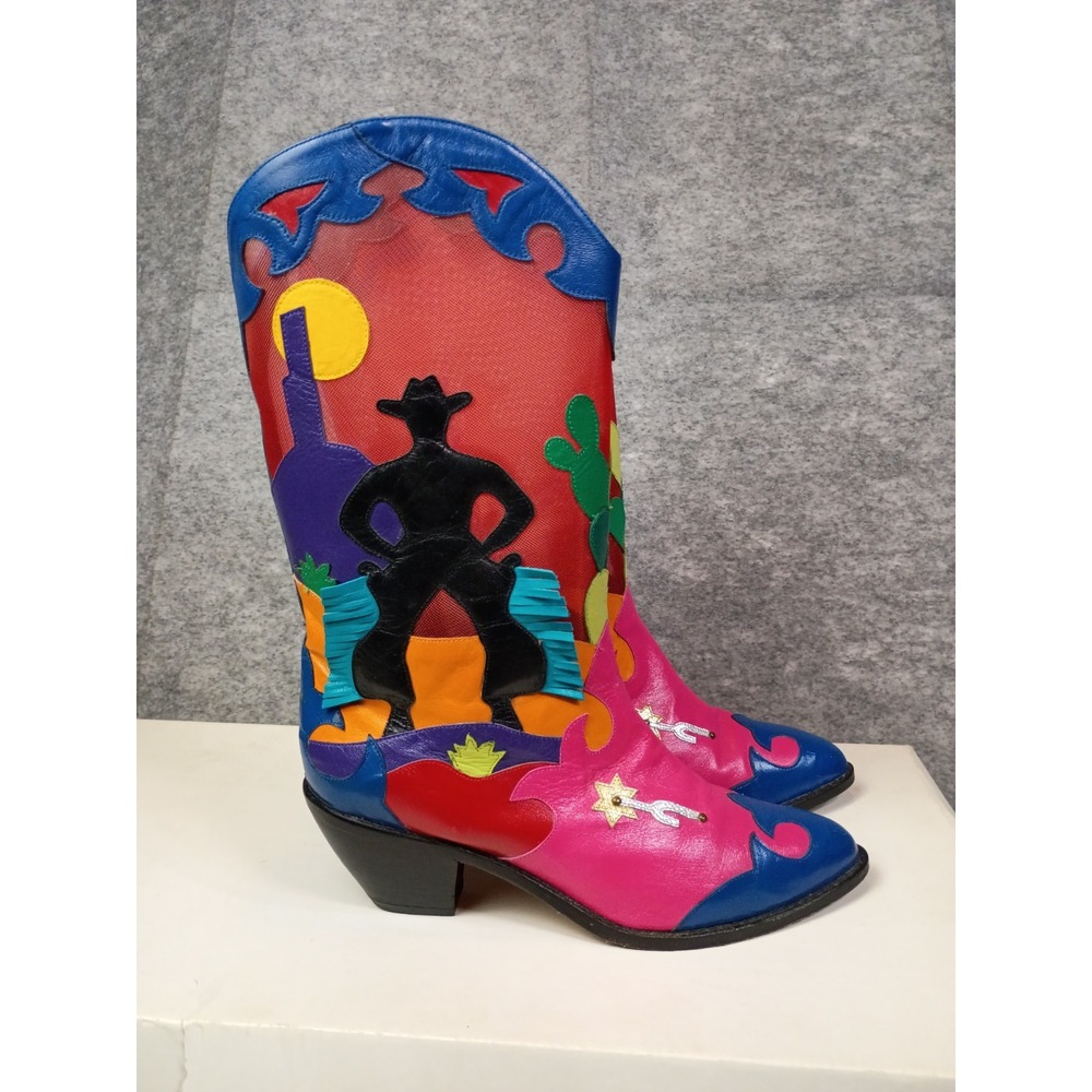 Zalo Womens 8.5 M Sunset Mesh Western Cowboy Boots Colorful Leather Vibrant VTG - Picture 10 of 16